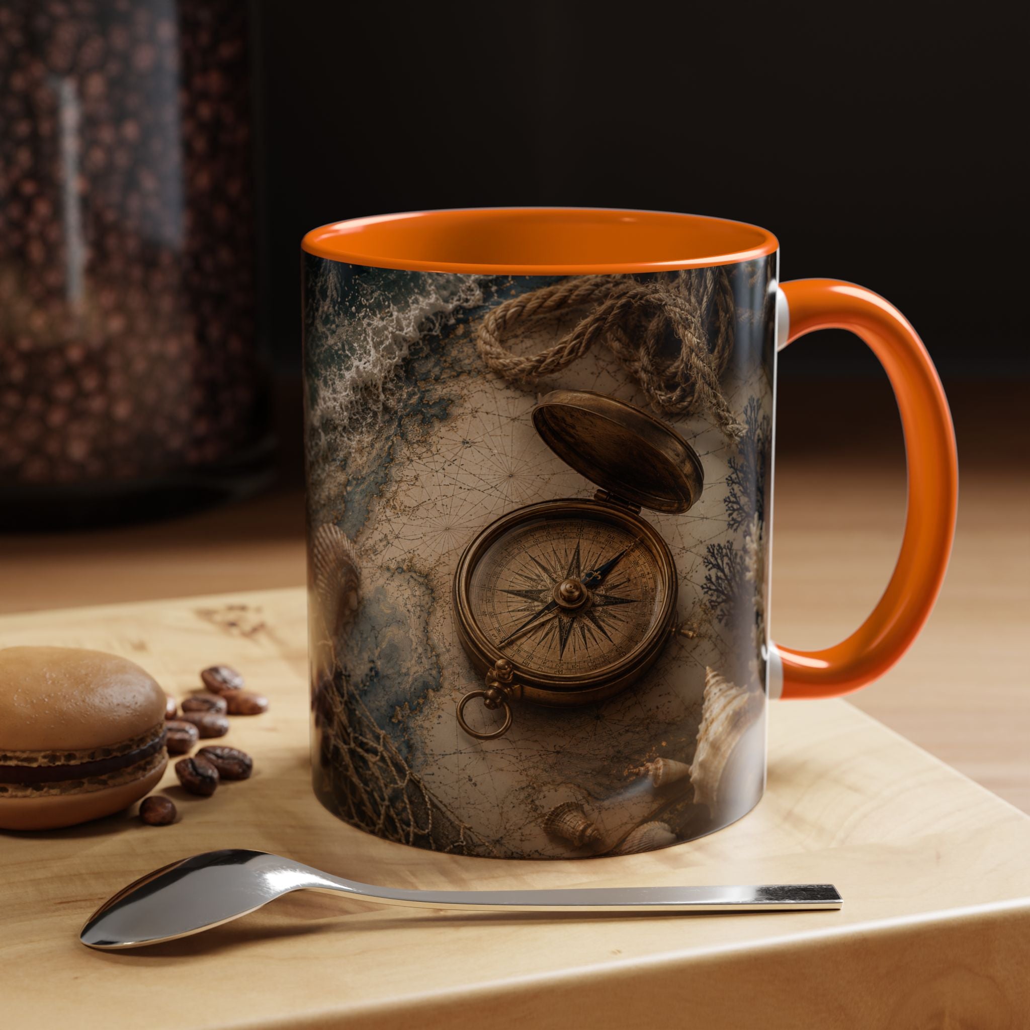 Nautical Compass Accent Coffee Mug – Vintage Sea Shells &amp; Compass Travel Design (11oz)