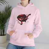 The Lip Bite Hoodie, capturing the moody reds of its graphic design for a stylish statement.