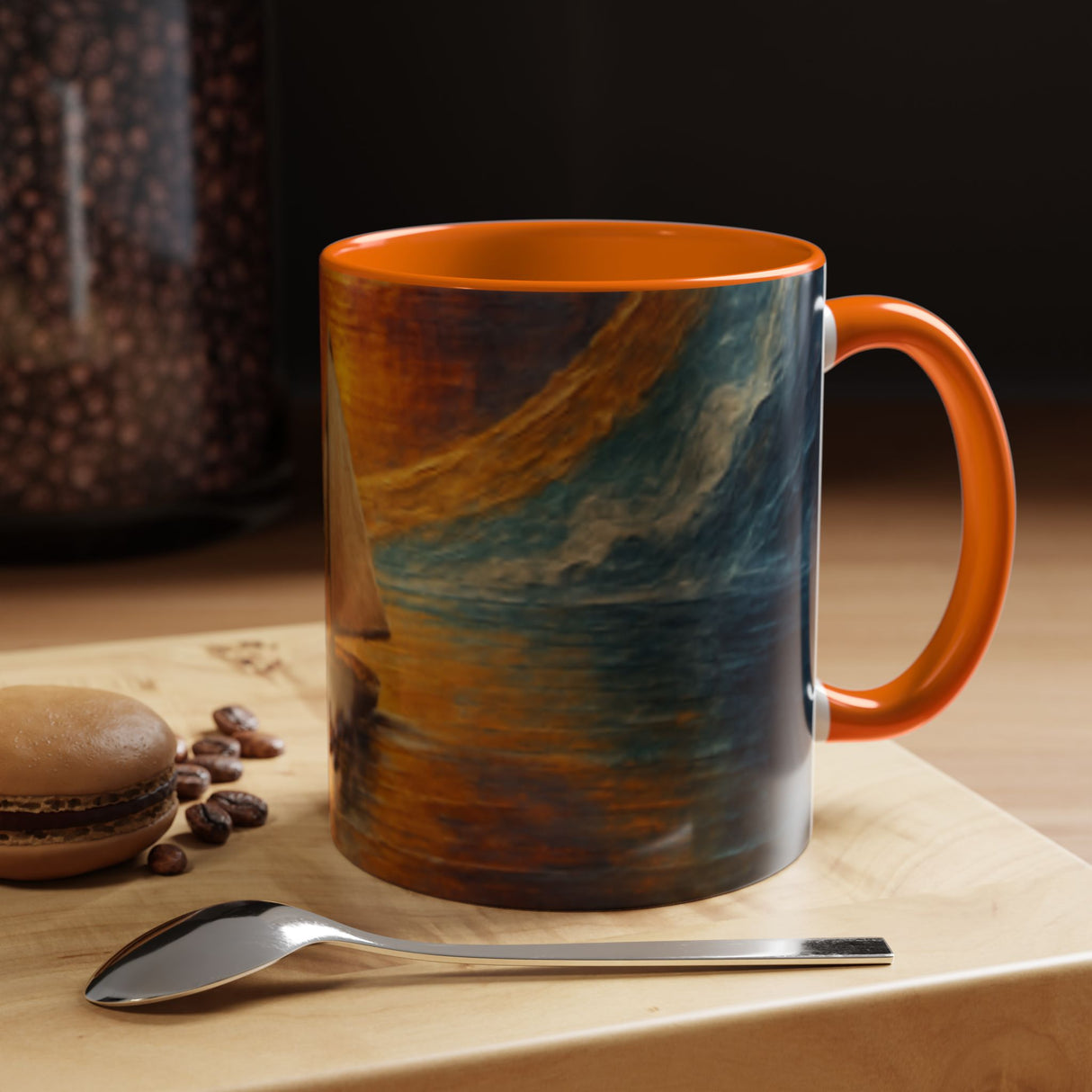 Artistic layout of the Sail into the Sun Ceramic Coffee Mug next to a scenic view, inspiring adventure and tranquility.