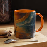 Artistic layout of the Sail into the Sun Ceramic Coffee Mug next to a scenic view, inspiring adventure and tranquility.