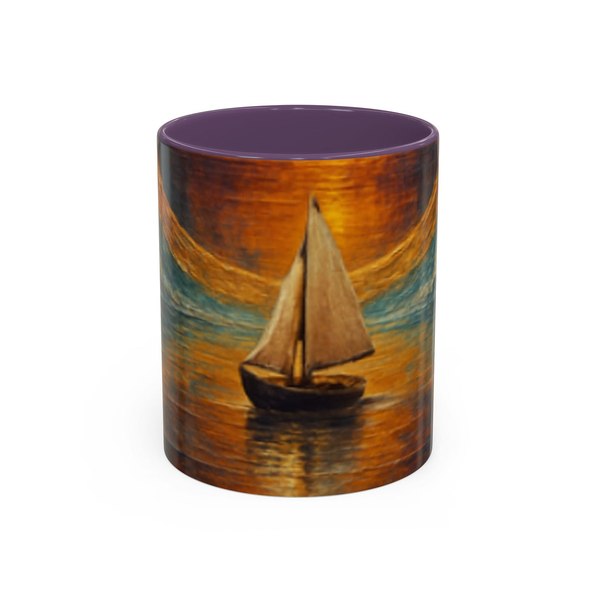 Artistic display of the Sail into the Sun Ceramic Coffee Mug, showcasing the vibrant colors and whimsical nautical scene.