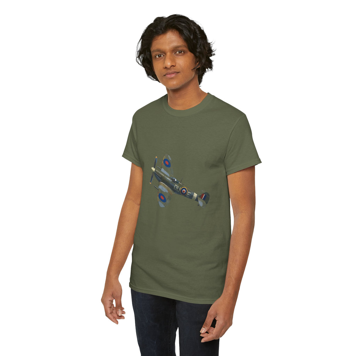 Relaxed fit of vintage WWII Spitfire Fighter Plane T-Shirt on a model in a casual outdoor setting