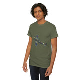 Relaxed fit of vintage WWII Spitfire Fighter Plane T-Shirt on a model in a casual outdoor setting