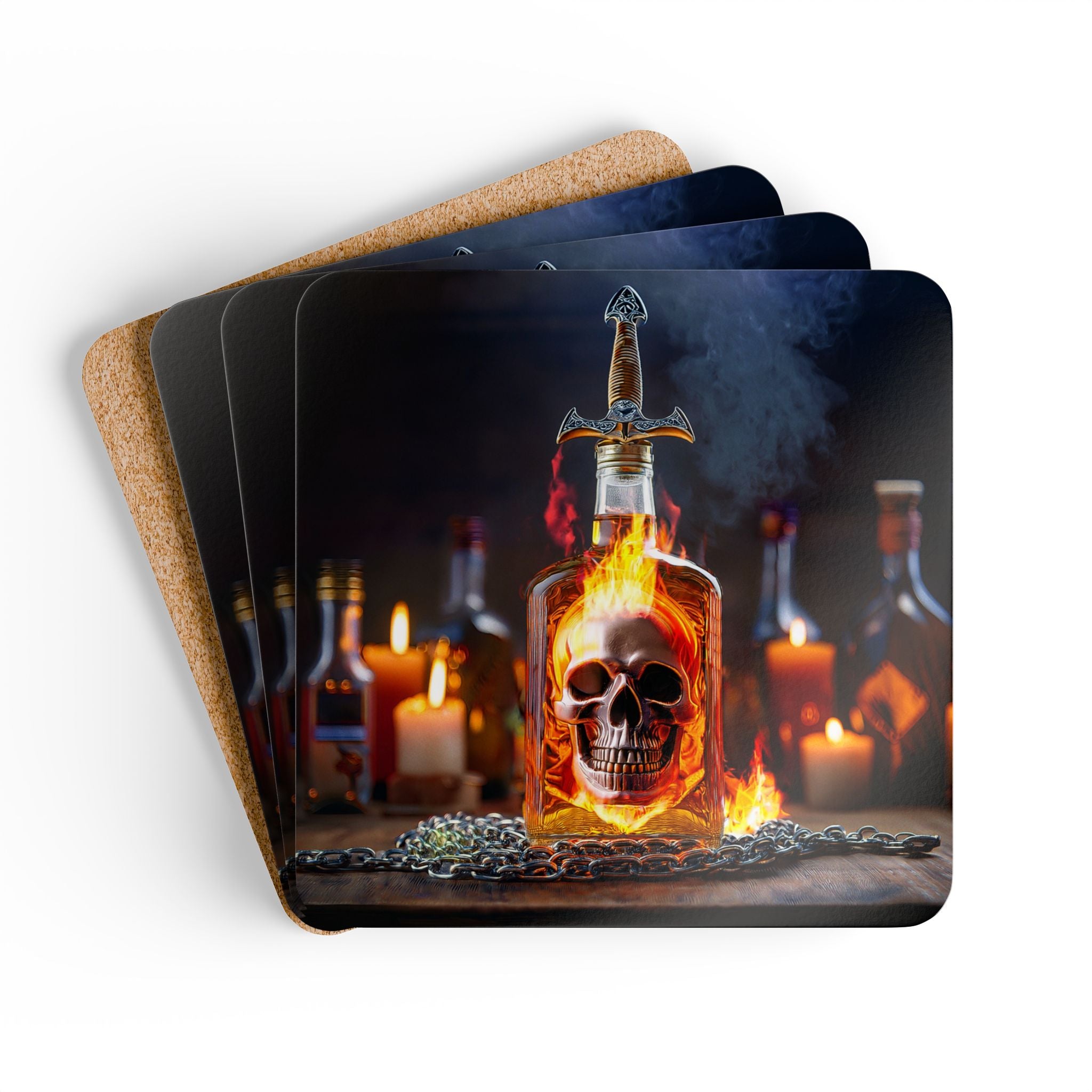 Full view of the Flaming Skull Bottle Cork Coaster Set, ideal for adding a dark charm to your tabletop during themed parties.