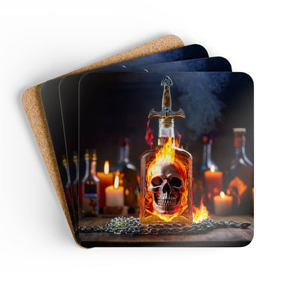 Full view of the Flaming Skull Bottle Cork Coaster Set, ideal for adding a dark charm to your tabletop during themed parties.