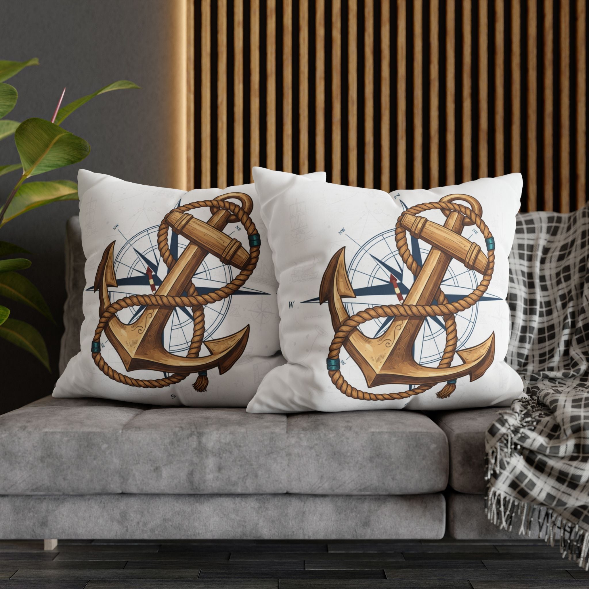 Nautical Anchor &amp; Compass Square Pillowcase — Coastal Sailor Decorative Throw Pillow