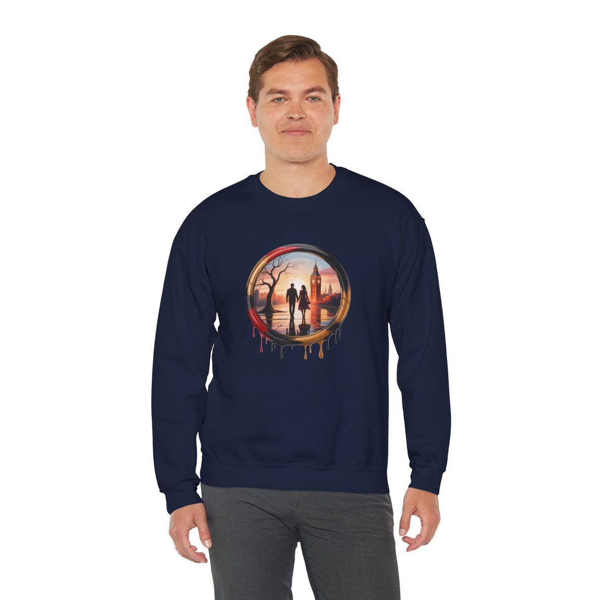 Sweatshirt Men - Sunset Couple Silhouette in Dripping Circle Romantic Landscape against a serene sunset backdrop.