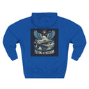 Front view of the Flying Is Freedom Hoodie, highlighting its adjustable hood and stylish silhouette.