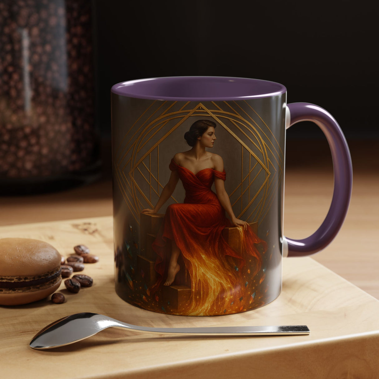 Fiery Goddess Accent Coffee Mug in a cozy reading nook, perfect for creative mornings.