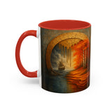 Autumn Portal Coffee Mug showcased next to sketchbooks, perfect for artistic inspiration.