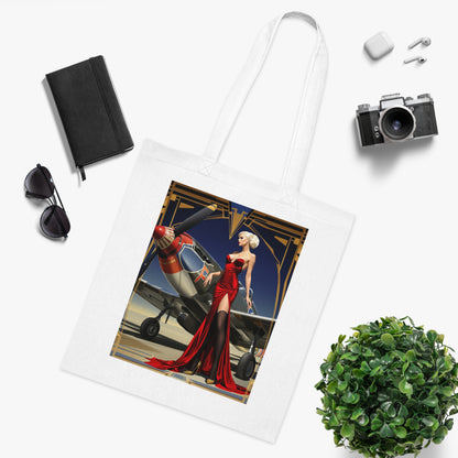 The Vintage Pin-Up Plane Tote — Red Dress Aviation Cotton Tote Bag folded up neatly for easy packing or storage.