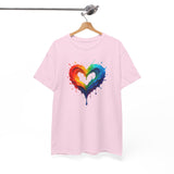 User feedback image featuring the Rainbow Drip Heart T-Shirt, emphasizing its comfort and design appeal.