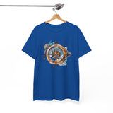 Group of friends wearing Compass Rose T-Shirts while exploring coastal paths — Vintage Nautical Adventure Graphic Tee