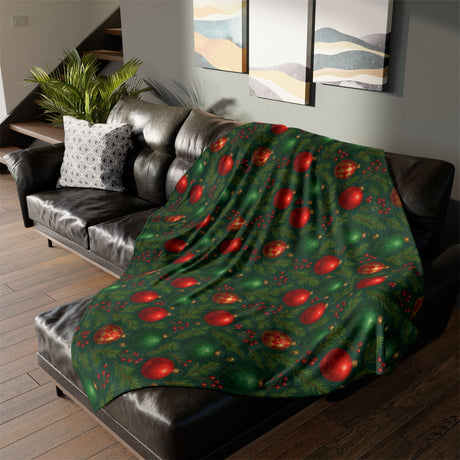 Cozy Christmas Ornament Holiday Blanket featuring a vibrant red and green bauble pattern, perfect for adding warmth to your holiday decor.