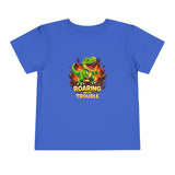 Toddler Tee — "Roaring Into Trouble" Dinosaur Graphic Shirt