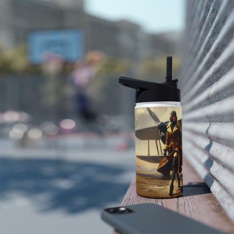 Aviator Vintage Stainless Steel Water Bottle showcasing a retro biplane pilot design, perfect for adventure lovers.