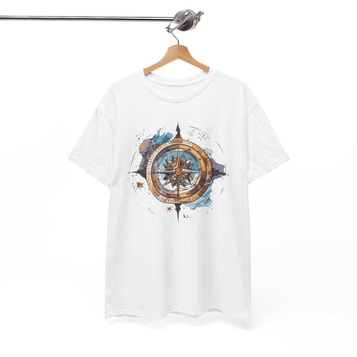 Artistic shot of Compass Rose T-Shirt on a rustic background, highlighting its artistic compass design — Vintage Nautical Adventure Graphic Tee