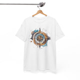 Artistic shot of Compass Rose T-Shirt on a rustic background, highlighting its artistic compass design — Vintage Nautical Adventure Graphic Tee