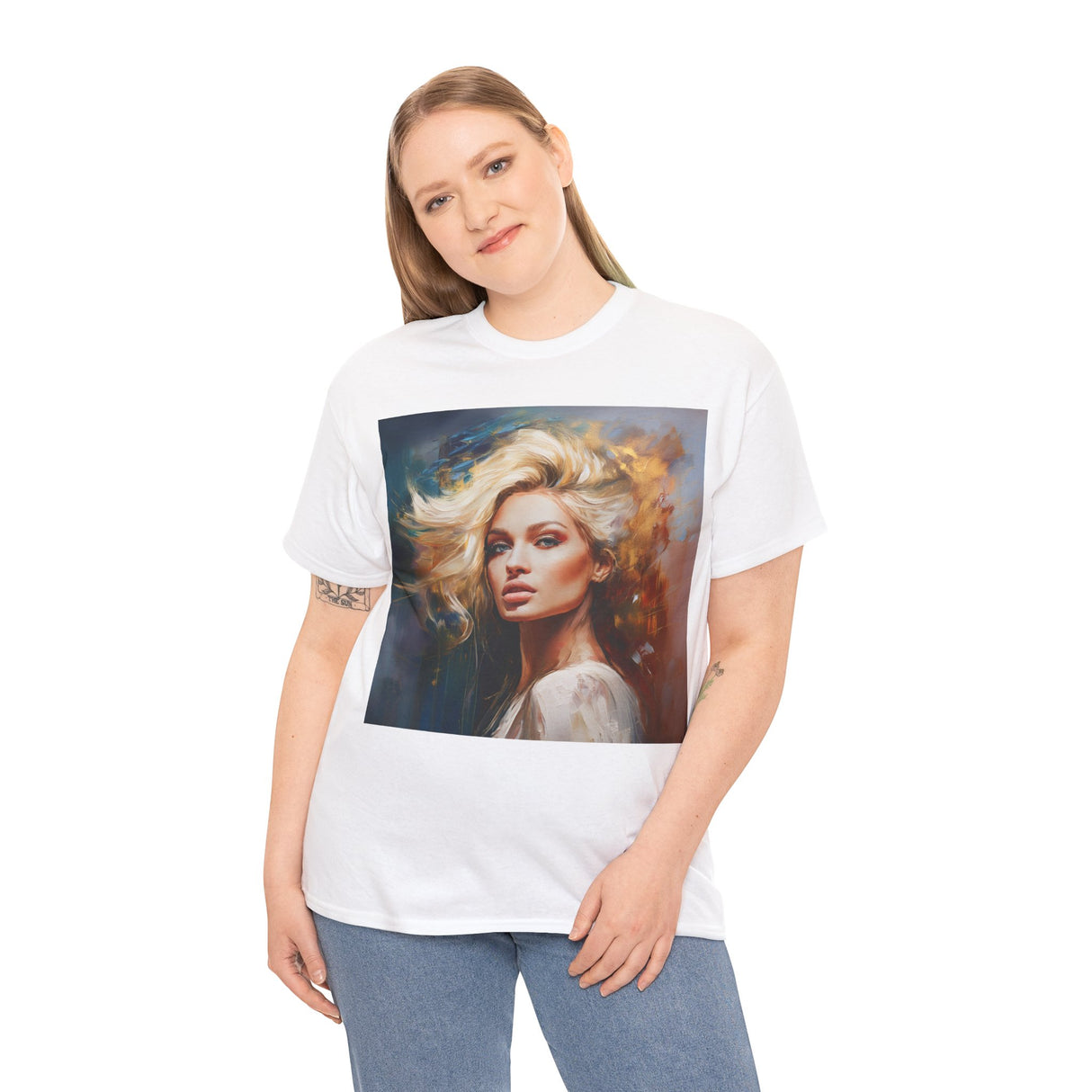 Artistic flat lay of the Portrait Art T-Shirt paired with accessories for a trendy look.