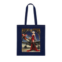 A stylish person carrying the Vintage Pin-Up Plane Tote — Red Dress Aviation Cotton Tote Bag, ideal for market mornings or gallery nights.