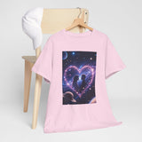 Galaxy Heart Couple T-Shirt shown in various sizes on a display rack, appealing to couples looking for matching outfits.
