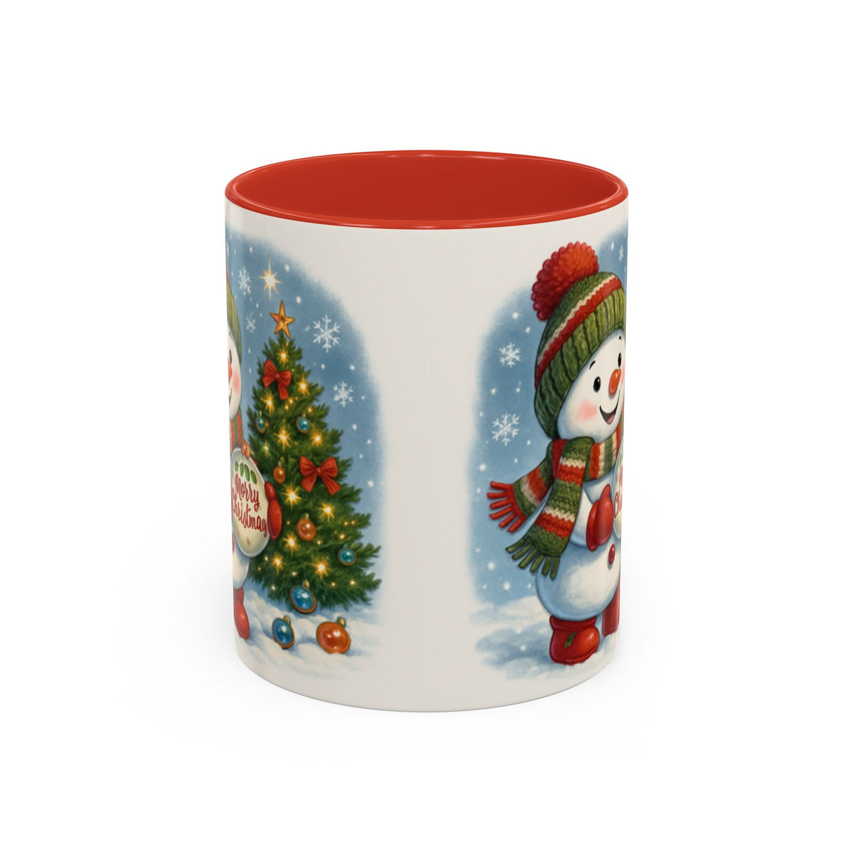 Christmas Snowman Coffee Mug with a vibrant winter scene, showcasing the decorative snowman and Christmas tree.