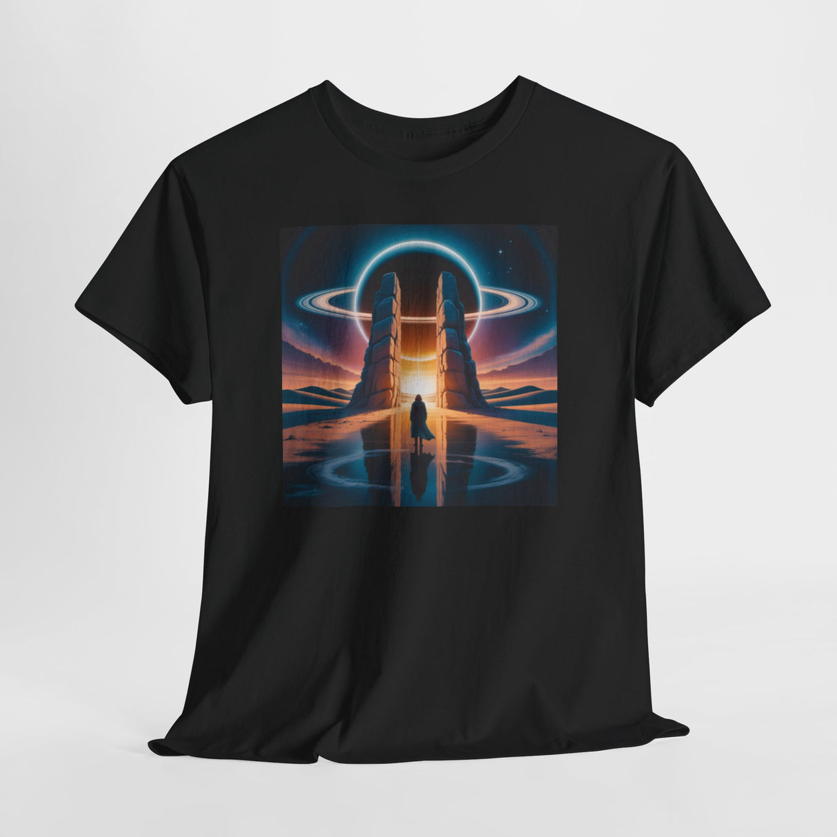 Close-up of the vibrant colors on the Sci-Fi Gateway T-Shirt with retro portal art.