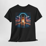 Close-up of the vibrant colors on the Sci-Fi Gateway T-Shirt with retro portal art.
