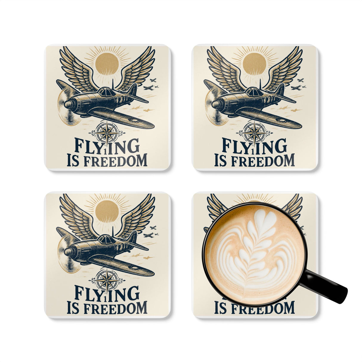 Lifestyle image of the Flying Is Freedom Cork Coaster Set in a cozy home office environment, adding a retro aviation touch.