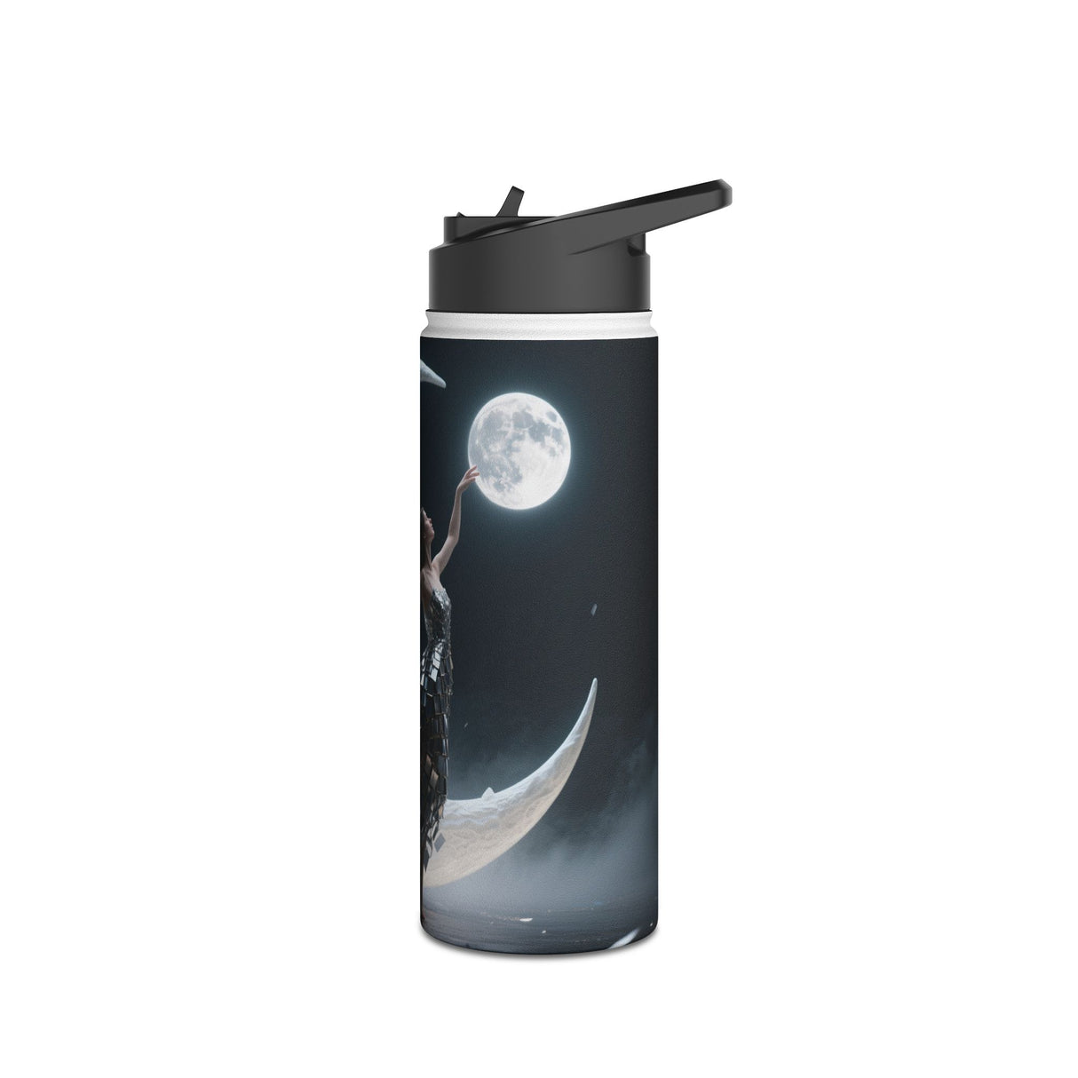 Sunset Cove Stainless Steel Water Bottle next to a camping setup, highlighting its double-wall construction and artwork.