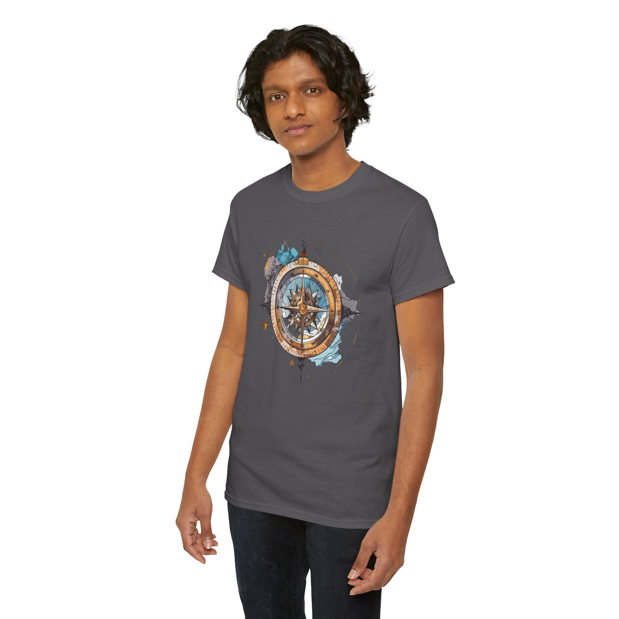 Stylish model wearing the Compass Rose T-Shirt paired with jeans, showcasing casual adventure fashion — Vintage Nautical Adventure Graphic Tee
