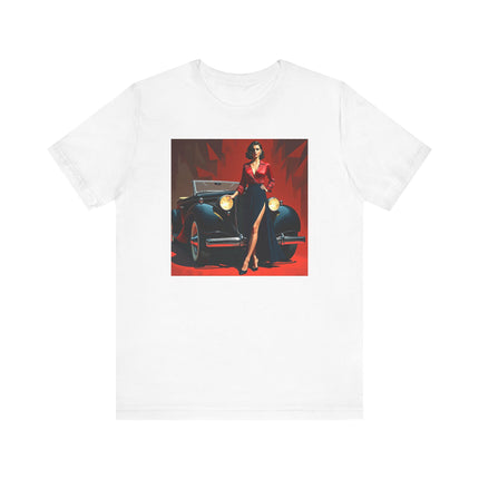 Close-up of Retro Glamour Classic Tee For Him, showing vibrant design ideal for retro enthusiasts.