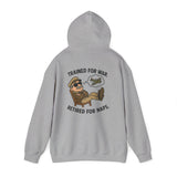 The cozy fabric of the Retired Pilot Hooded Sweatshirt — 'Trained for War, Retired for Naps' showcasing its cotton-poly blend.