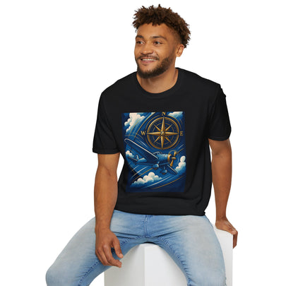 Close-up view of the Adventure Compass T-Shirt, highlighting the softstyle fabric and unique adventure-themed graphics.
