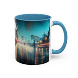 Glamorous Cityscape Coffee Mug on a table with morning sunlight, highlighting its vibrant colors.