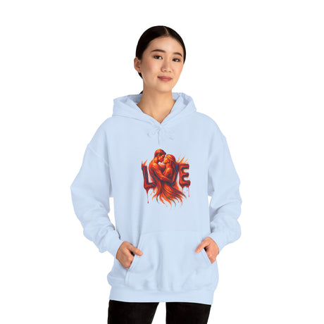 Close-up of the Love Embrace Hoodie showcasing the fiery romantic couple graphic design.
