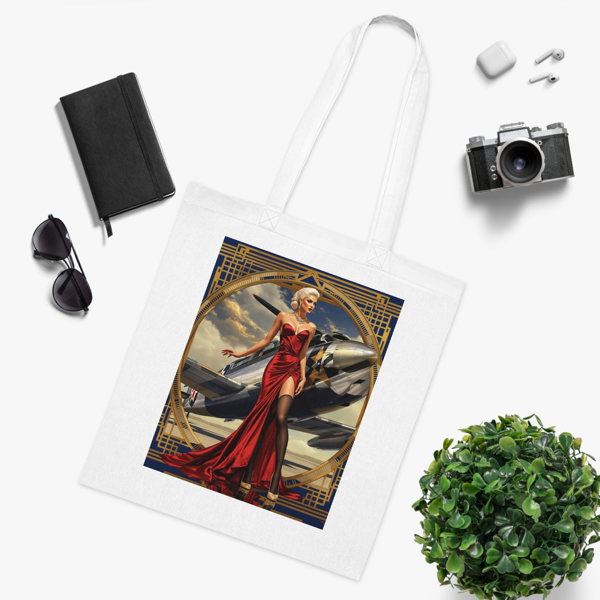 The Vintage Pinup Tote Bag in a colorful market setting, ideal for highlighting its practical uses during shopping.