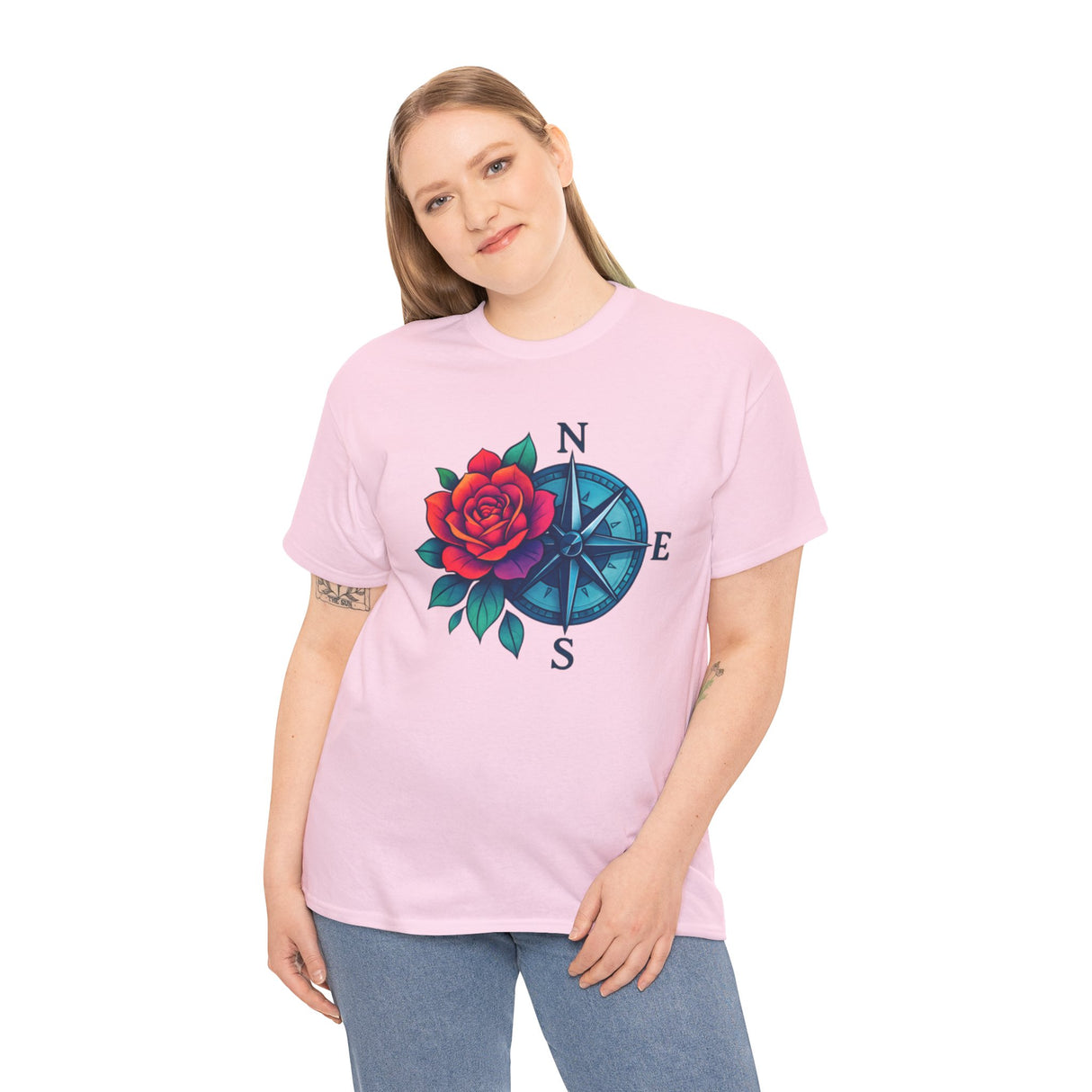 Versatile Compass Rose Tee — Red Rose Nautical Compass Graphic T-Shirt, suitable for casual outings.
