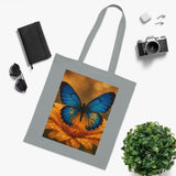 Blue Butterfly Cotton Tote — Nature Floral Reusable Shopper Bag placed on a wooden table, reminding of sustainable fashion.