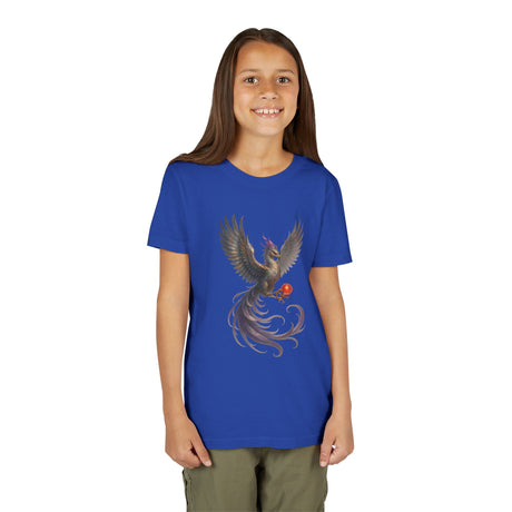 Youth Fantasy Phoenix Tee - Magical Short Sleeve Shirt for Kids displayed on a hanger.