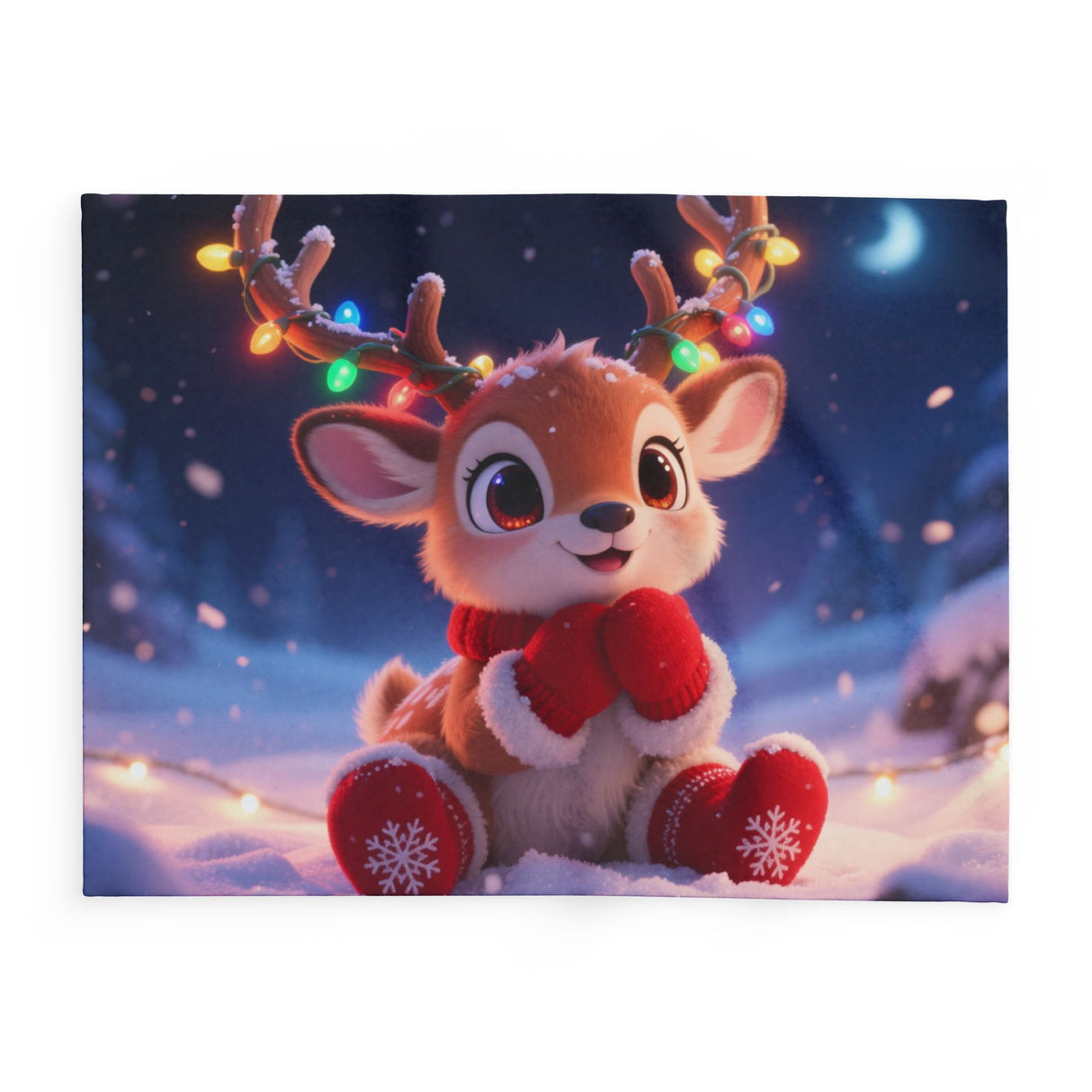Cute Reindeer Fleece Blanket - Holiday Christmas Cozy Throw for Kids folded at the foot of a bed.