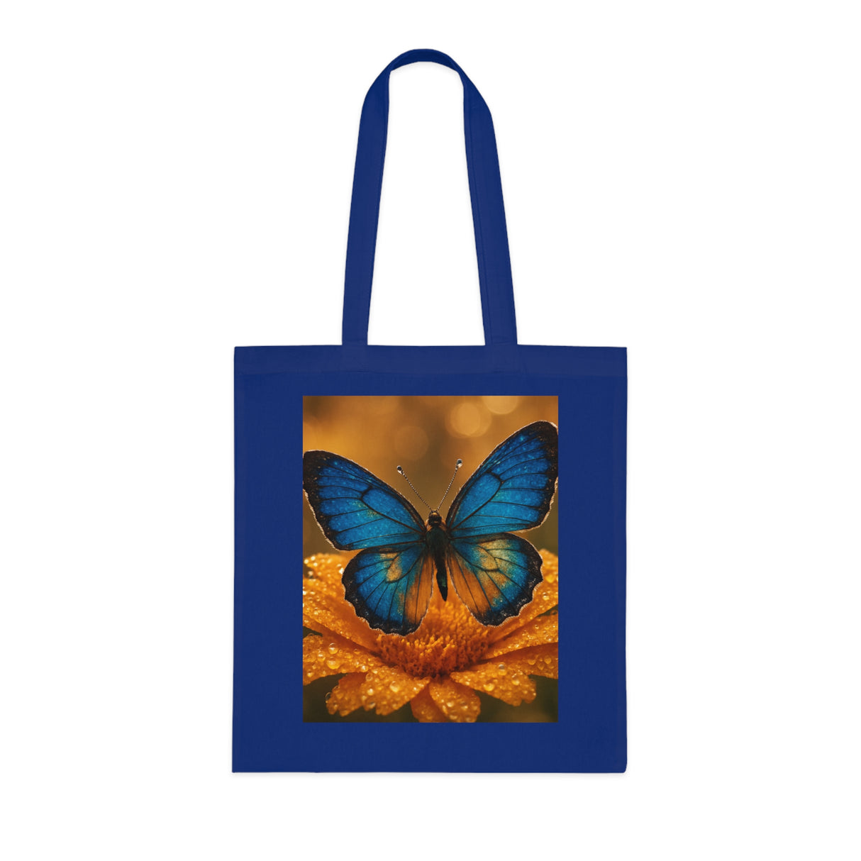 Unique angle of the Blue Butterfly Cotton Tote — Nature Floral Reusable Shopper Bag, emphasizing the artwork's vibrant colors.