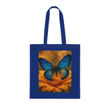 Unique angle of the Blue Butterfly Cotton Tote — Nature Floral Reusable Shopper Bag, emphasizing the artwork's vibrant colors.